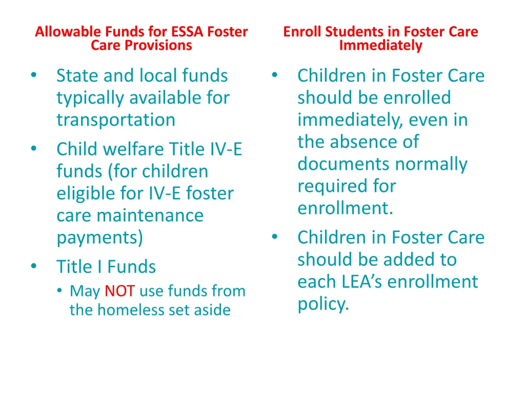 allowable funds for essa foster care provisions