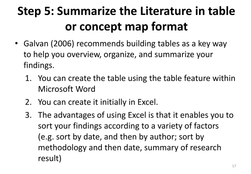 step 5 summarize the literature in table