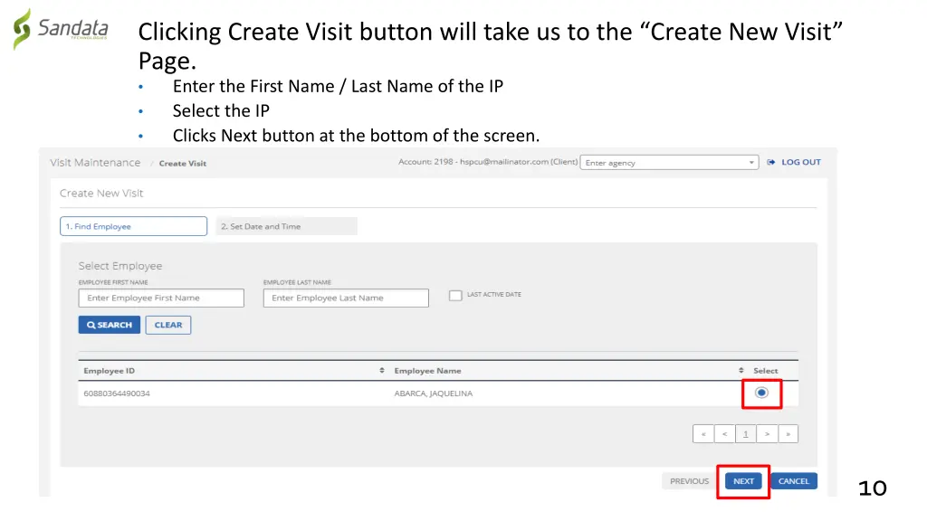 clicking create visit button will take