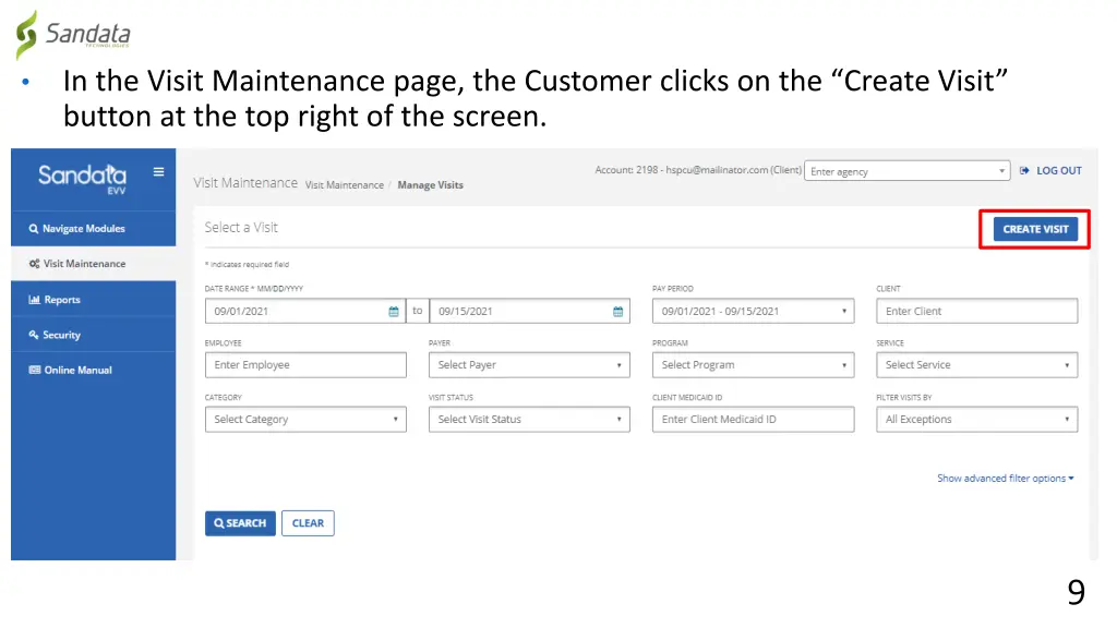 in the visit maintenance page the customer clicks