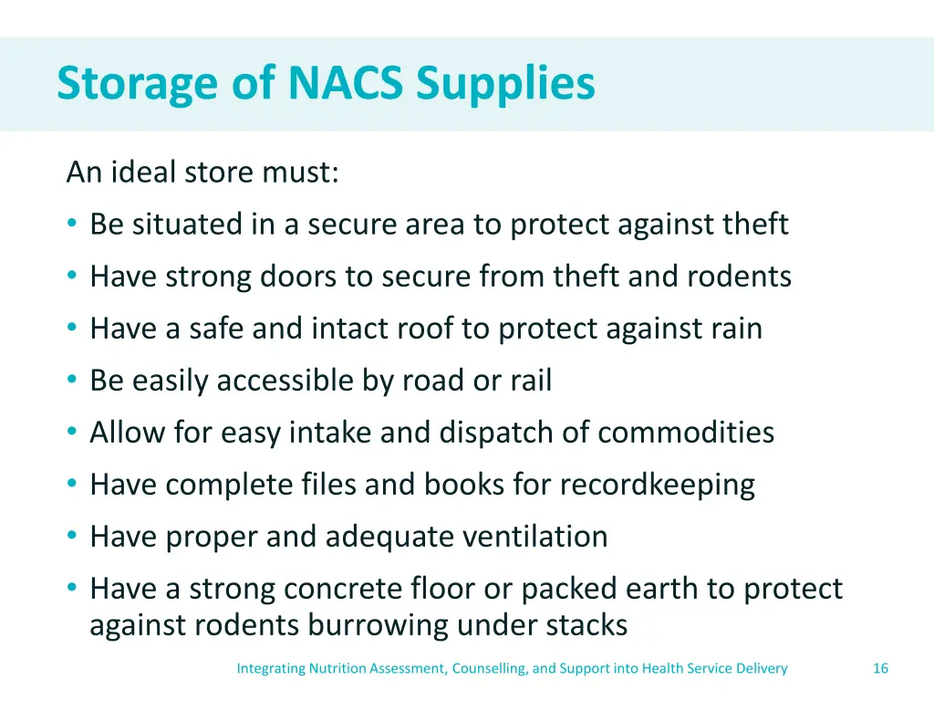 storage of nacs supplies