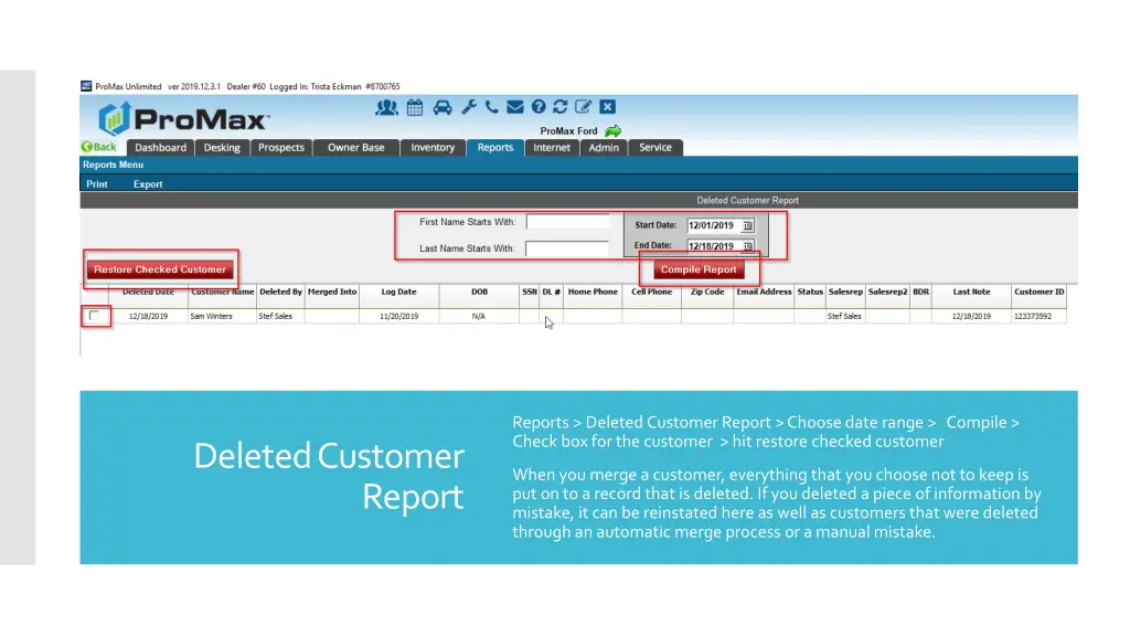 reports deleted customer report choose date range