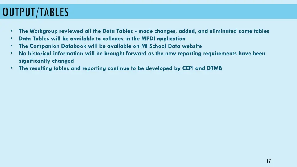 output tables