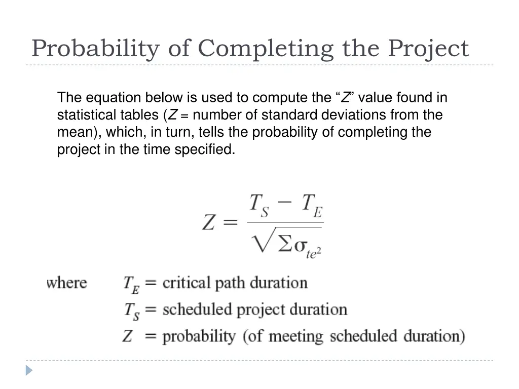 probability of completing the project