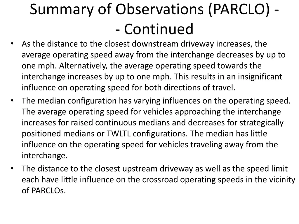 summary of observations parclo continued