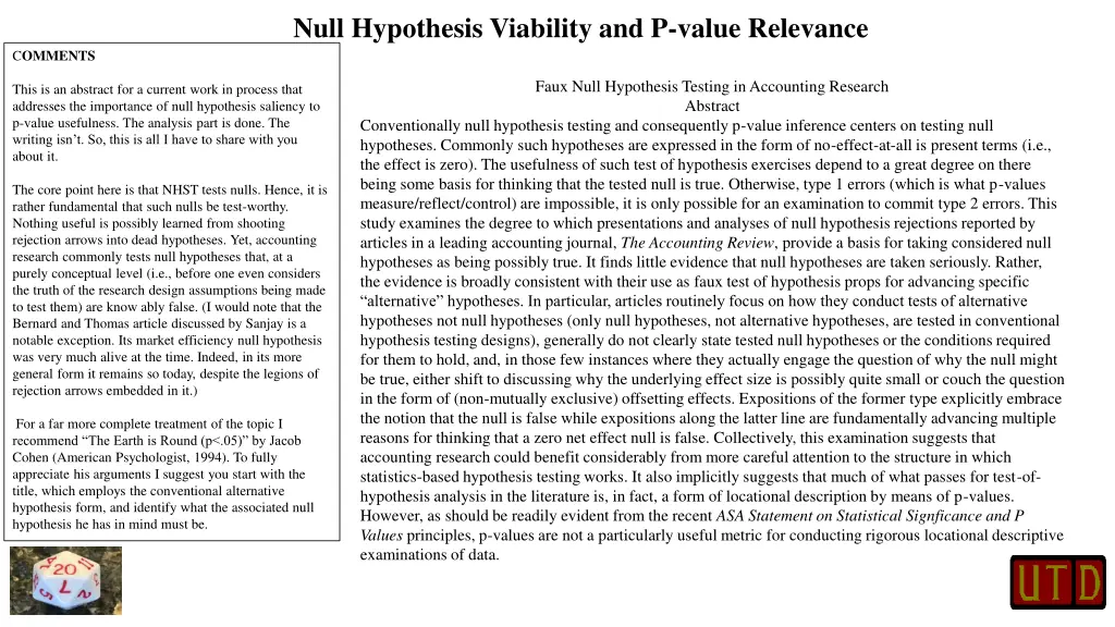 null hypothesis viability and p value relevance