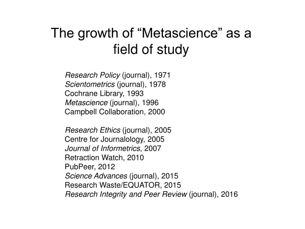 the growth of metascience as a field of study