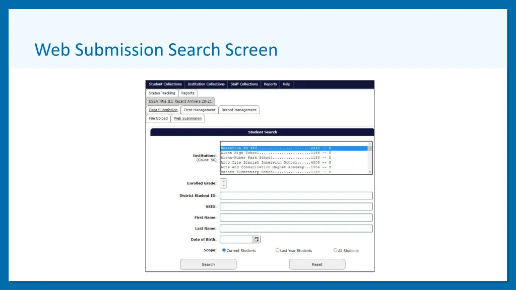 web submission search screen