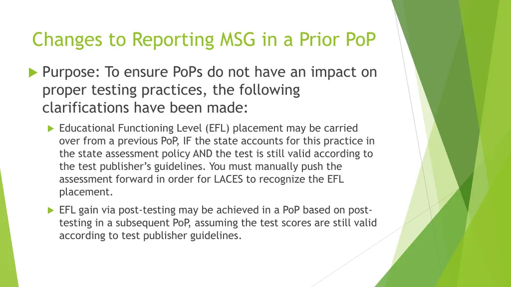 changes to reporting msg in a prior pop