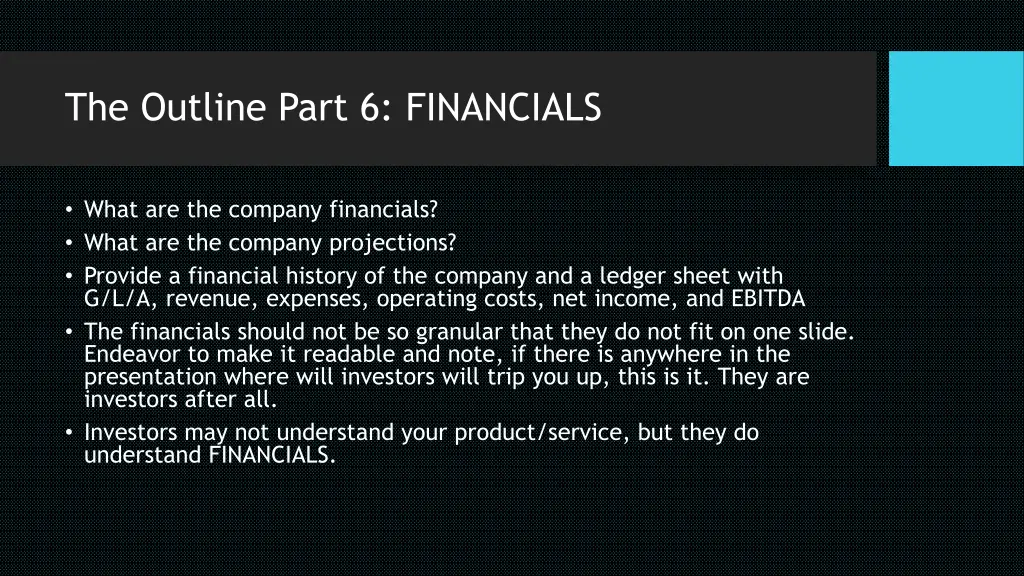 the outline part 6 financials