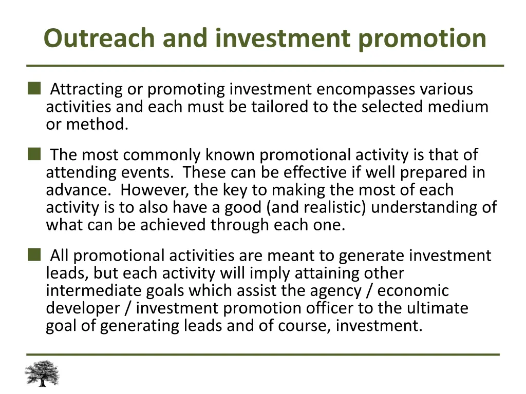 outreach and investment promotion