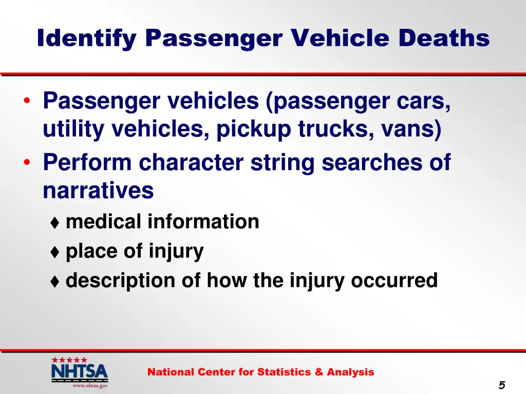 identify passenger vehicle deaths