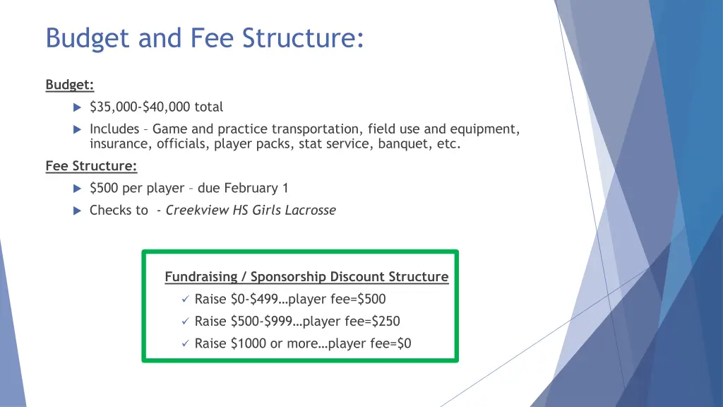 budget and fee structure