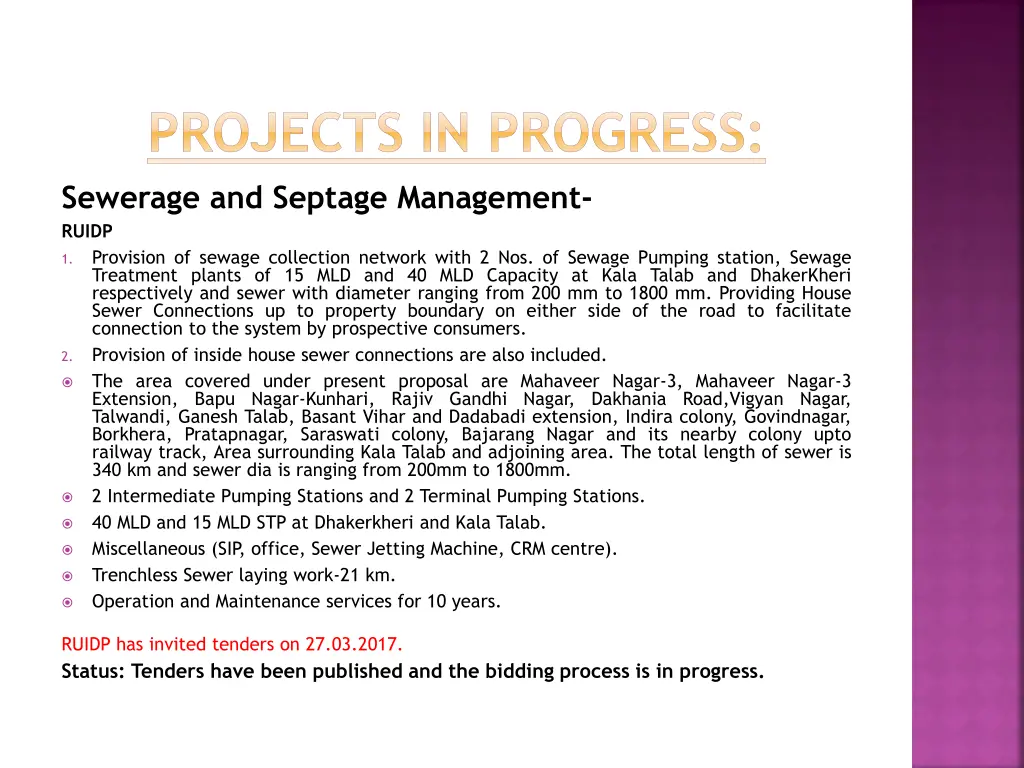 projects in progress sewerage and septage