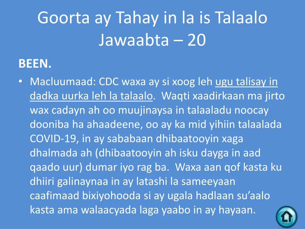 goorta ay tahay in la is talaalo jawaabta 20