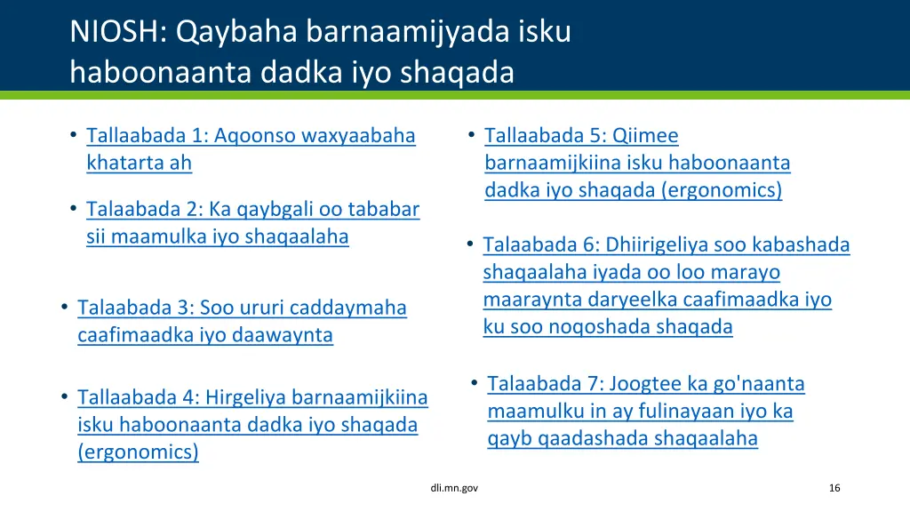 niosh qaybaha barnaamijyada isku haboonaanta