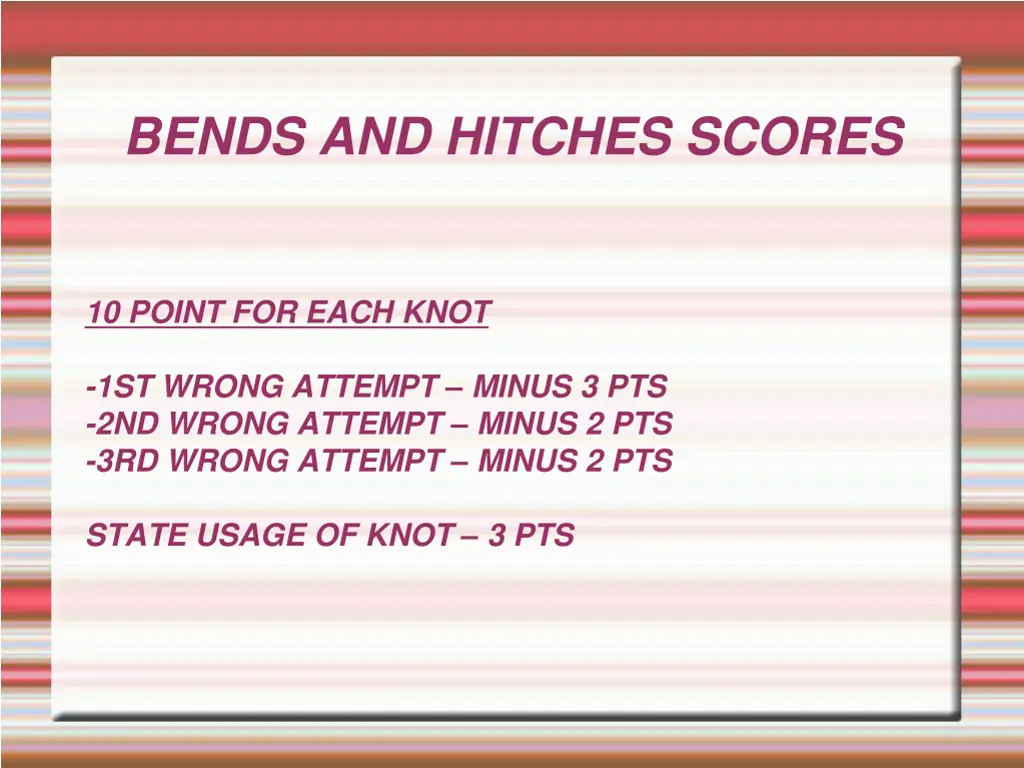 bends and hitches scores