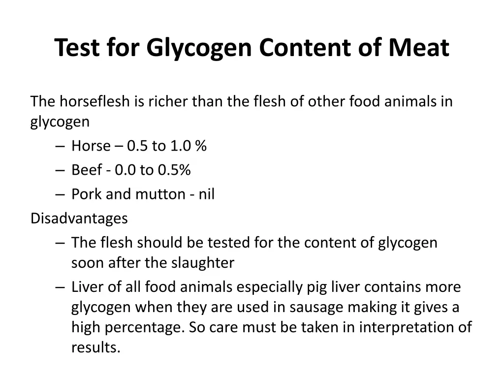 test for glycogen content of meat