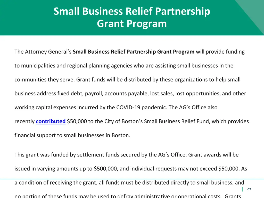 small business relief partnership grant program