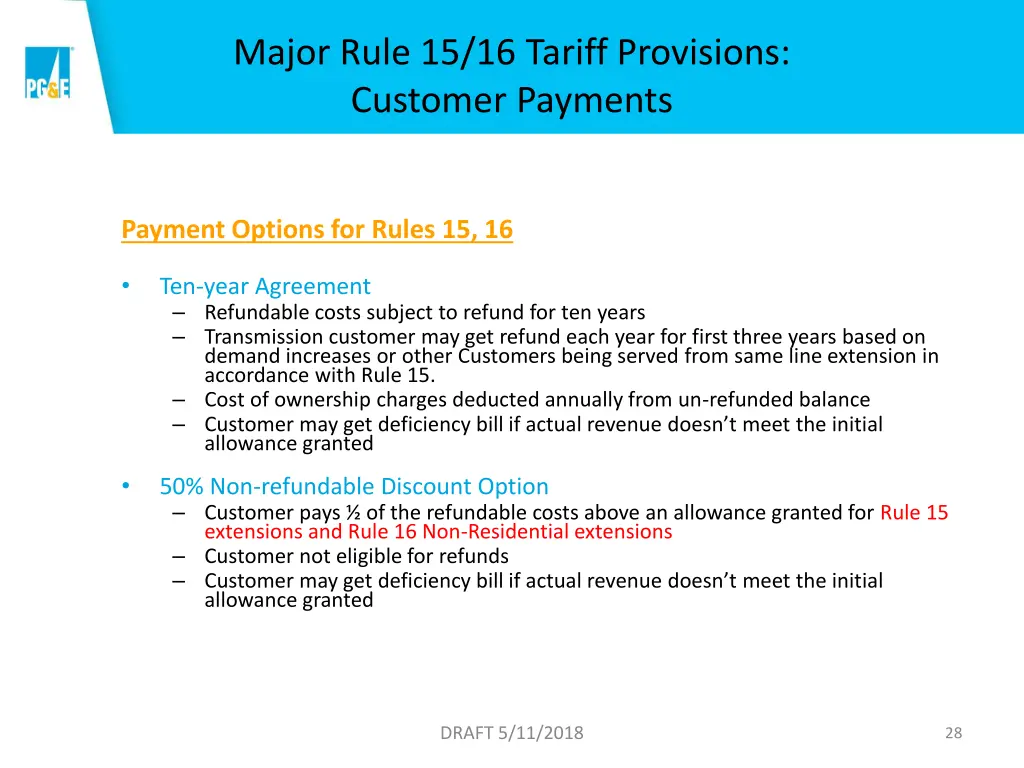 major rule 15 16 tariff provisions customer