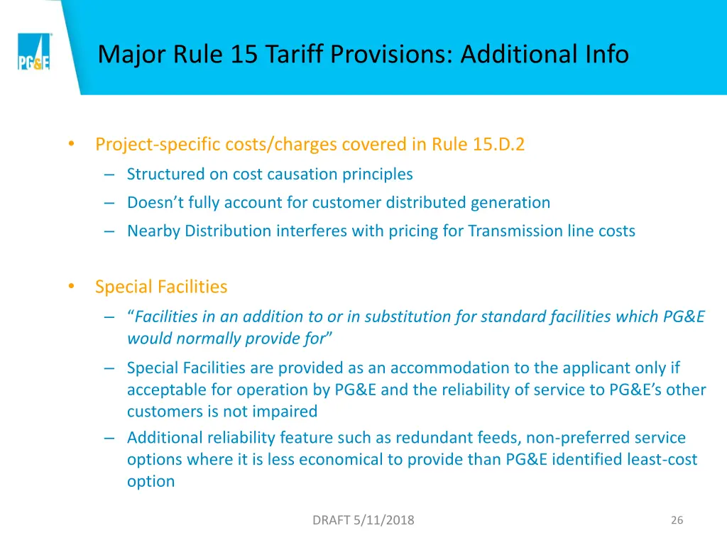 major rule 15 tariff provisions additional info