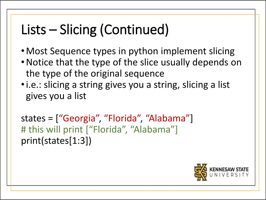 lists lists slicing continued slicing continued