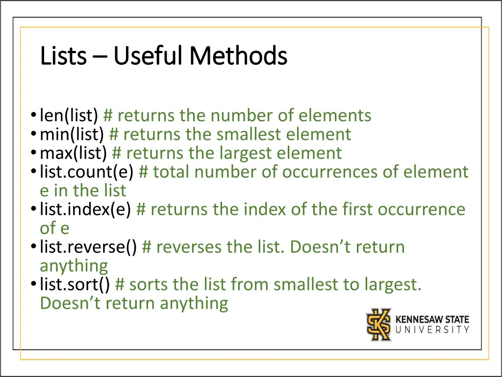 lists lists useful methods useful methods