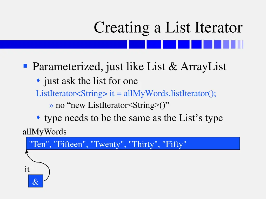 creating a list iterator