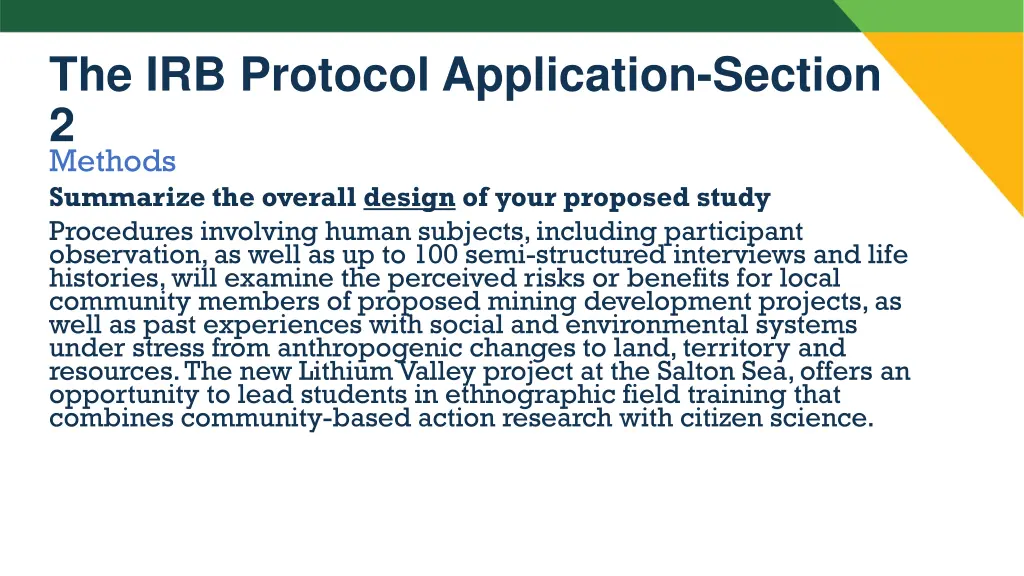 the irb protocol application section 2 methods