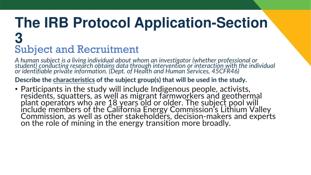 the irb protocol application section 3 subject