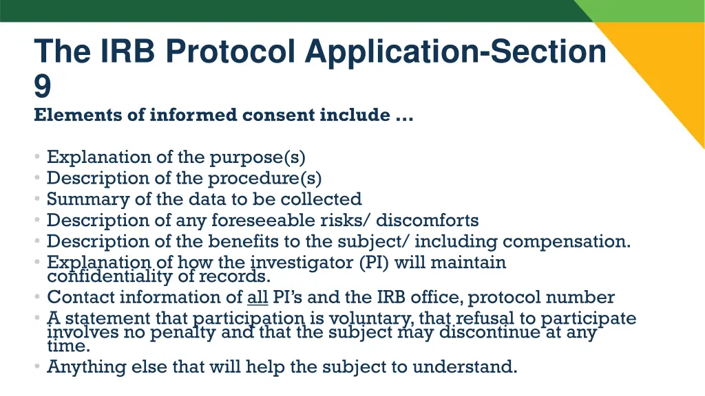 the irb protocol application section 9 elements