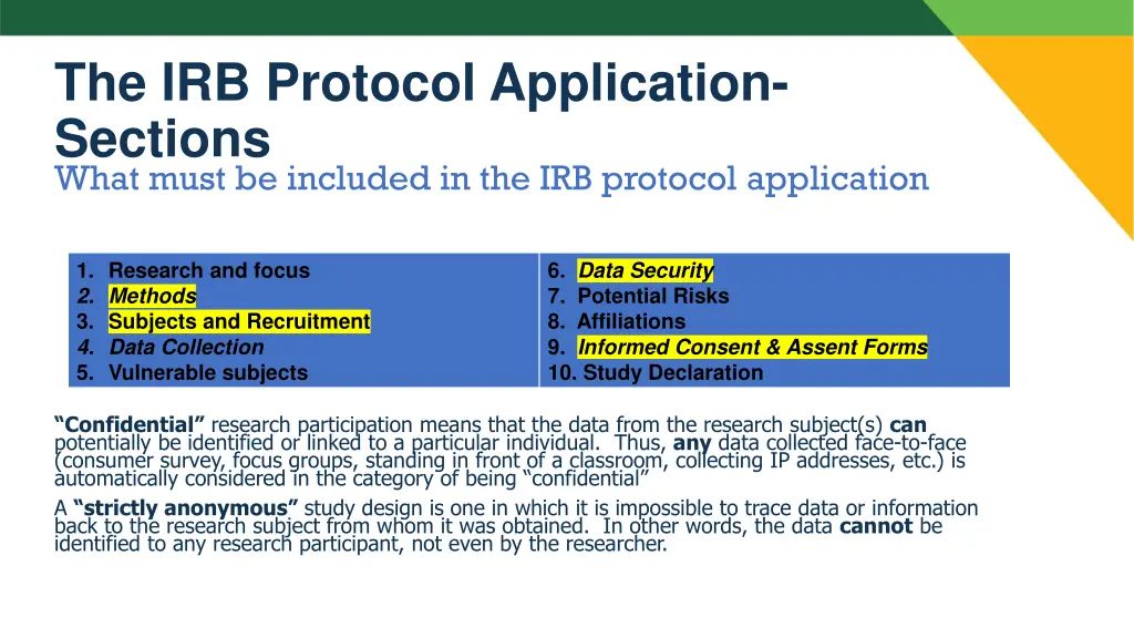 the irb protocol application sections what must