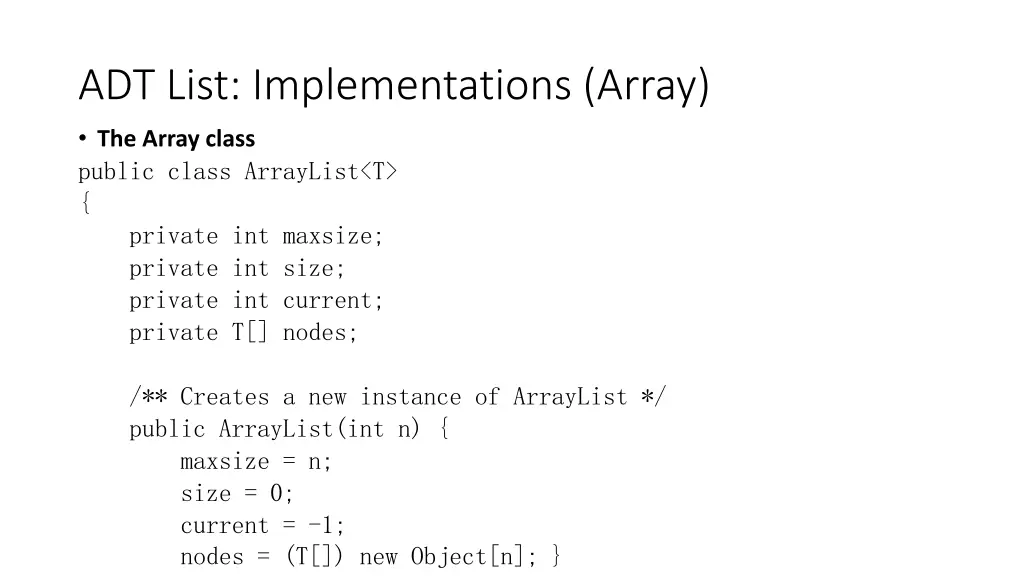 adt list implementations array the array class