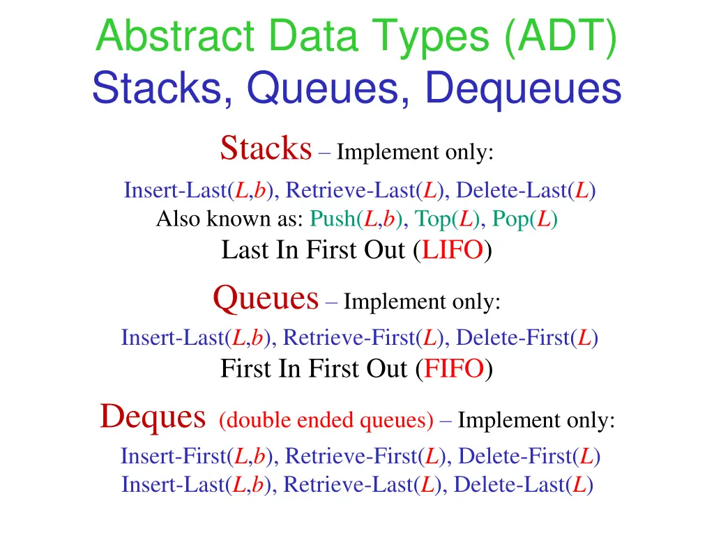 abstract data types adt stacks queues dequeues