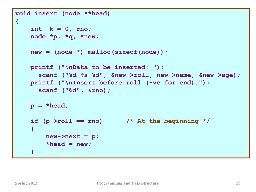 void insert node head int k 0 rno node