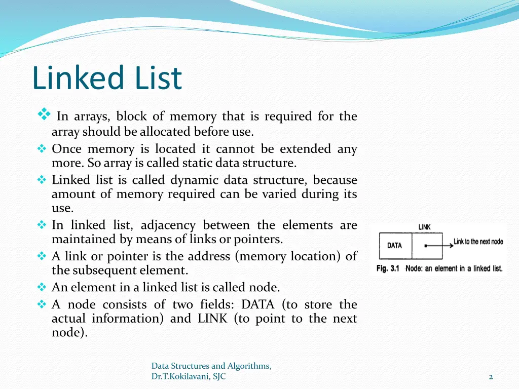 linked list in arrays block of memory that