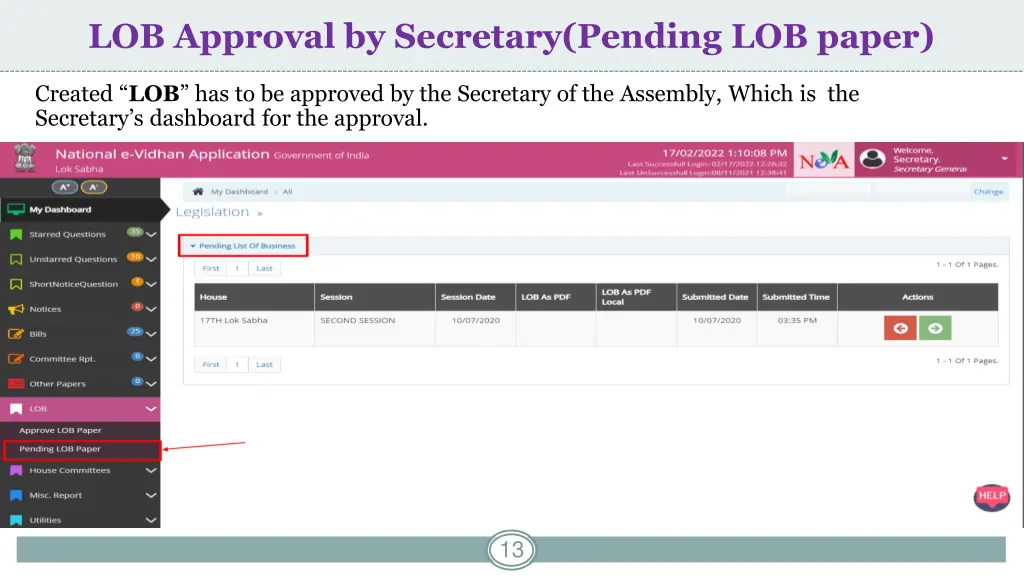 lob approval by secretary pending lob paper