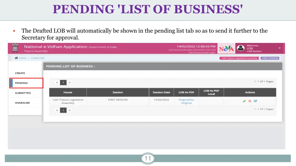 pending list of business