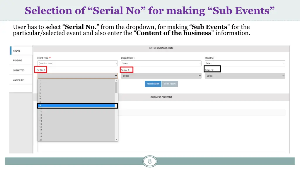 selection of serial no for making sub events