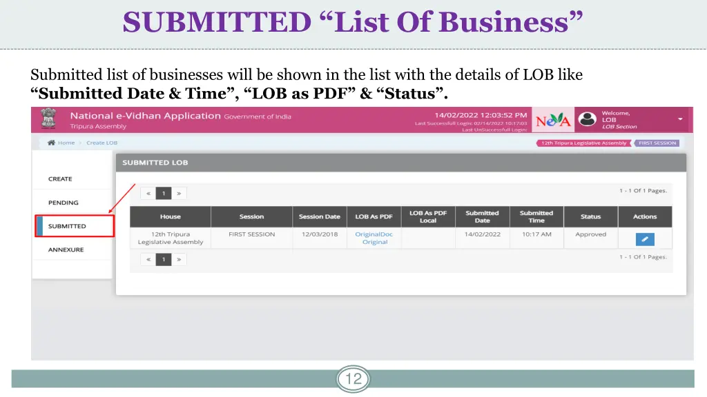 submitted list of business