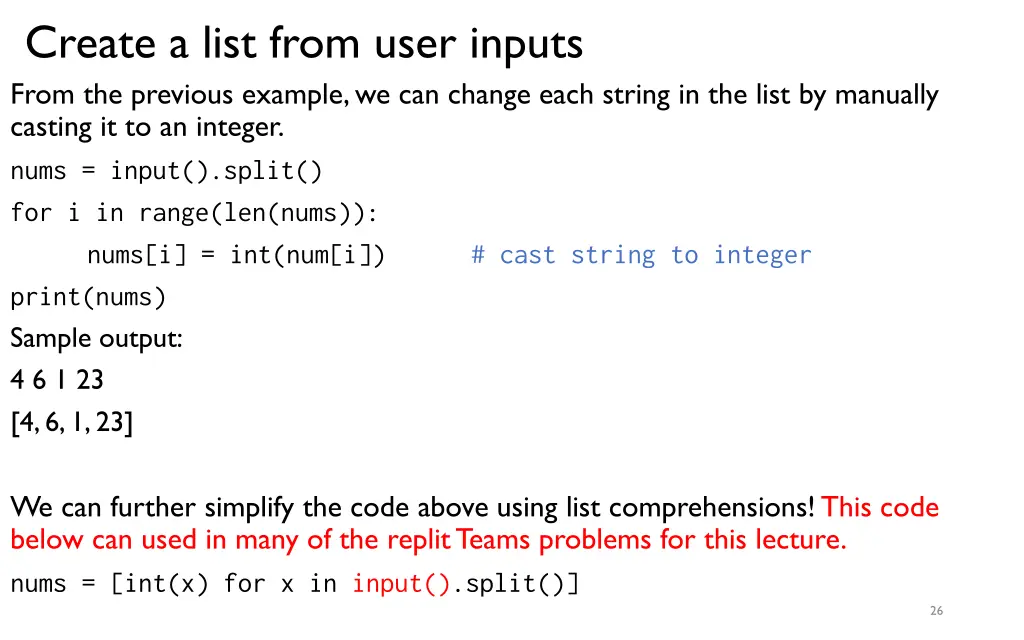 create a list from user inputs from the previous