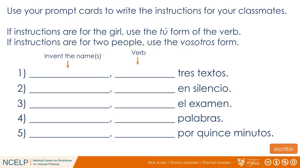 use your prompt cards to write the instructions 2