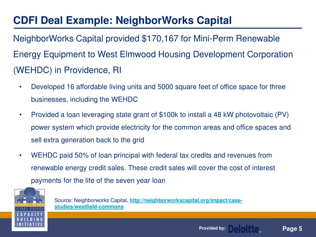 cdfi deal example neighborworks capital