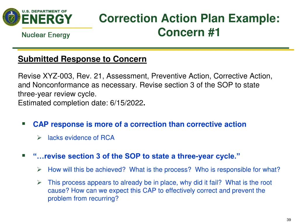 correction action plan example concern 1