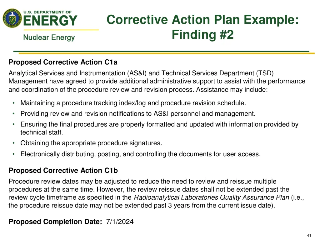 corrective action plan example finding 2 1