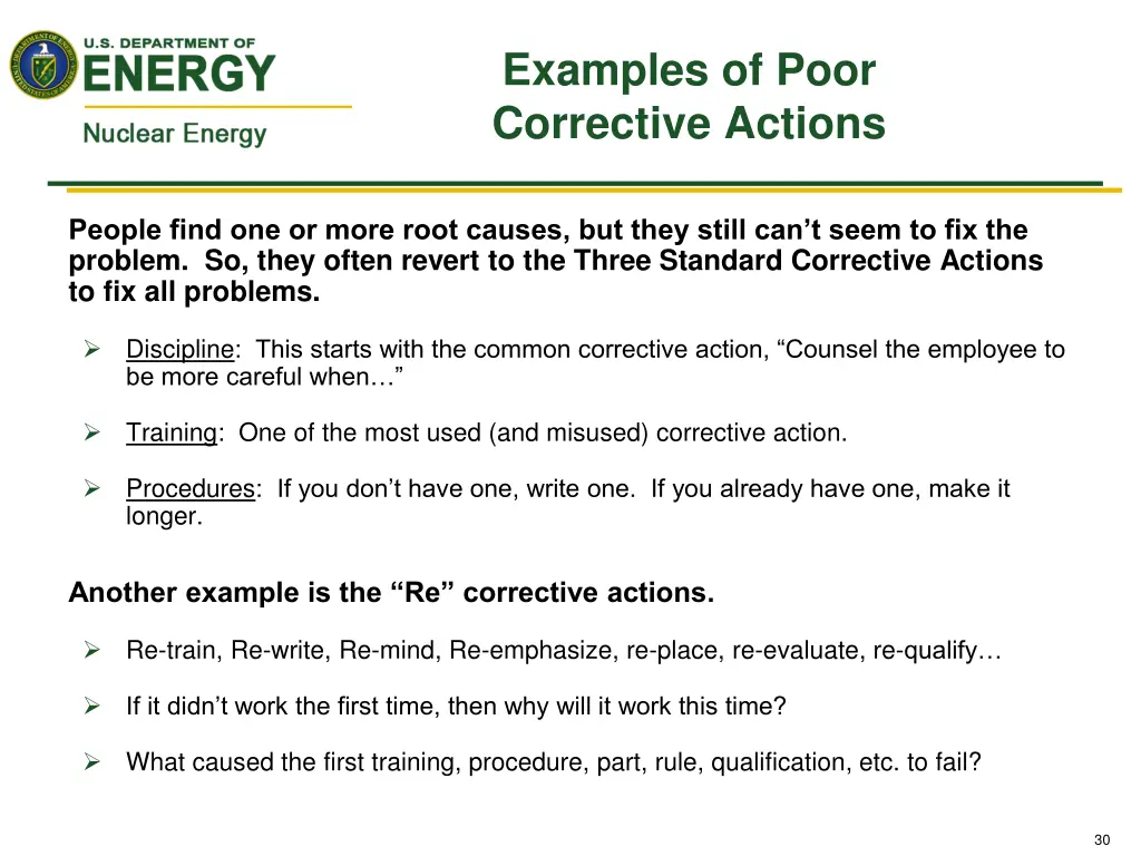 examples of poor corrective actions