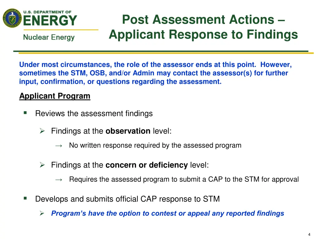 post assessment actions applicant response