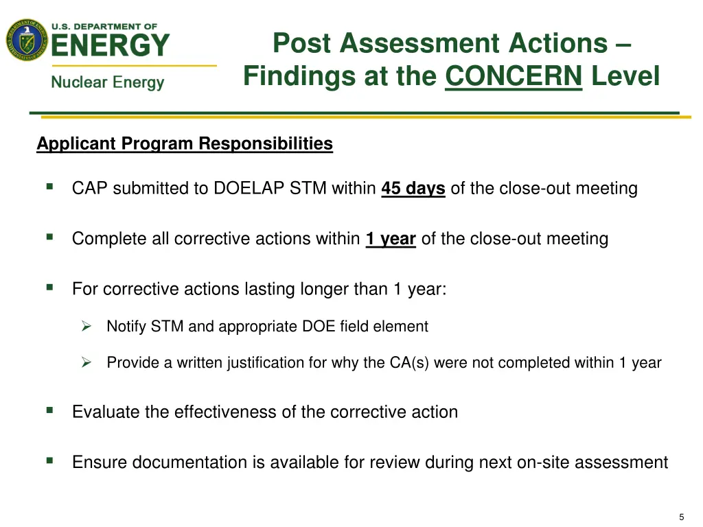 post assessment actions findings at the concern