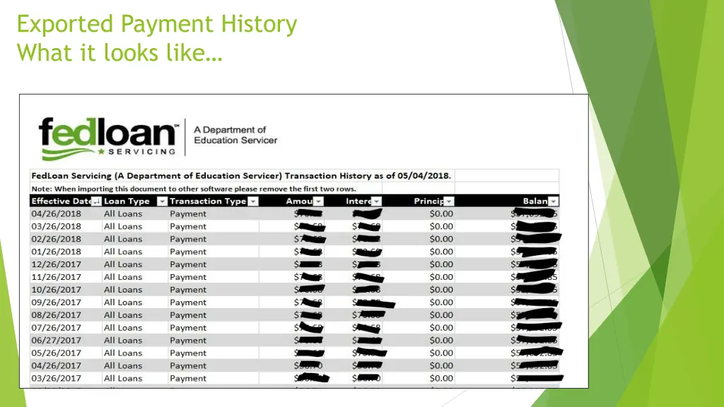 exported payment history what it looks like