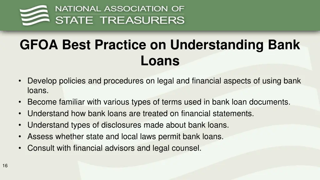 gfoa best practice on understanding bank loans